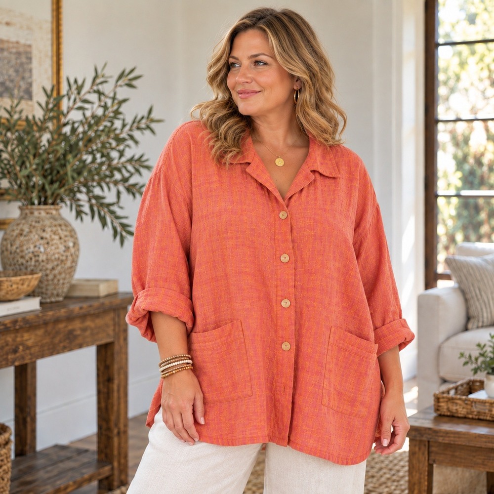 Nino Wong Vintage Linen Shirt Oversized Button Front Pockets Orange Women's XL